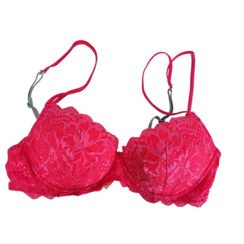 PINK‎ Victoria's Secret Lace Bra 34C Hot Pink Lightly Lined Demi